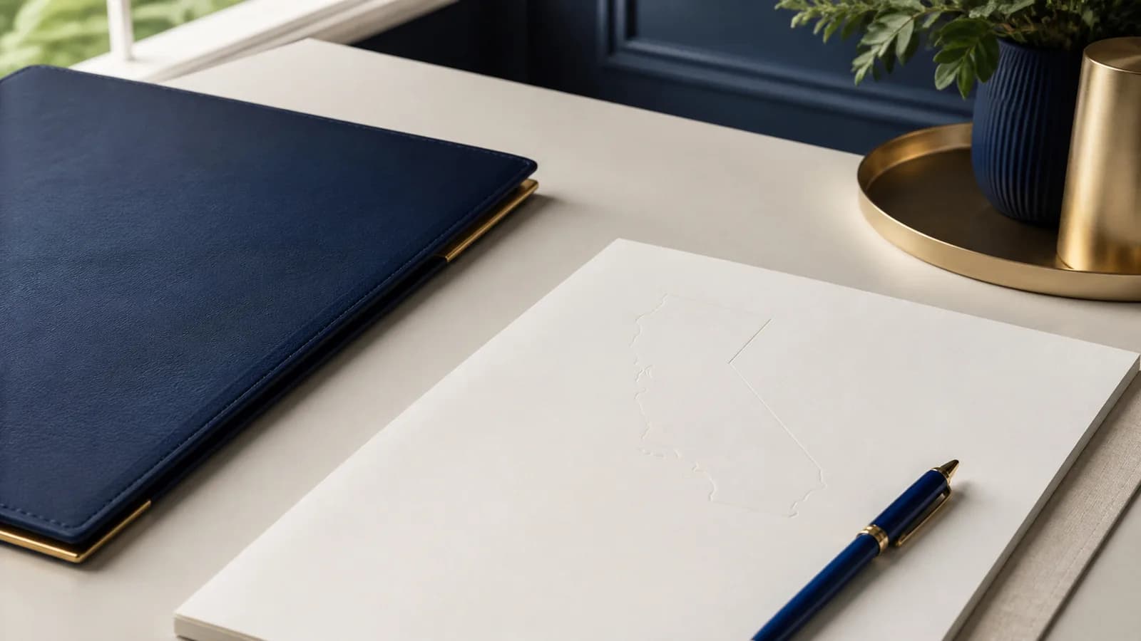 Navy legal folder, pen, and California outline on a desk